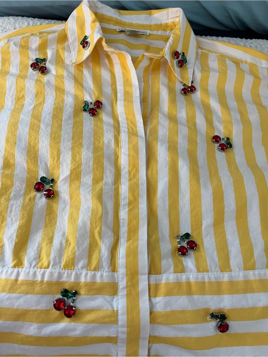 Christian Lacroix Tops - Christian Lacroix Yellow & White Striped Button-Down with Cherry Embellishments